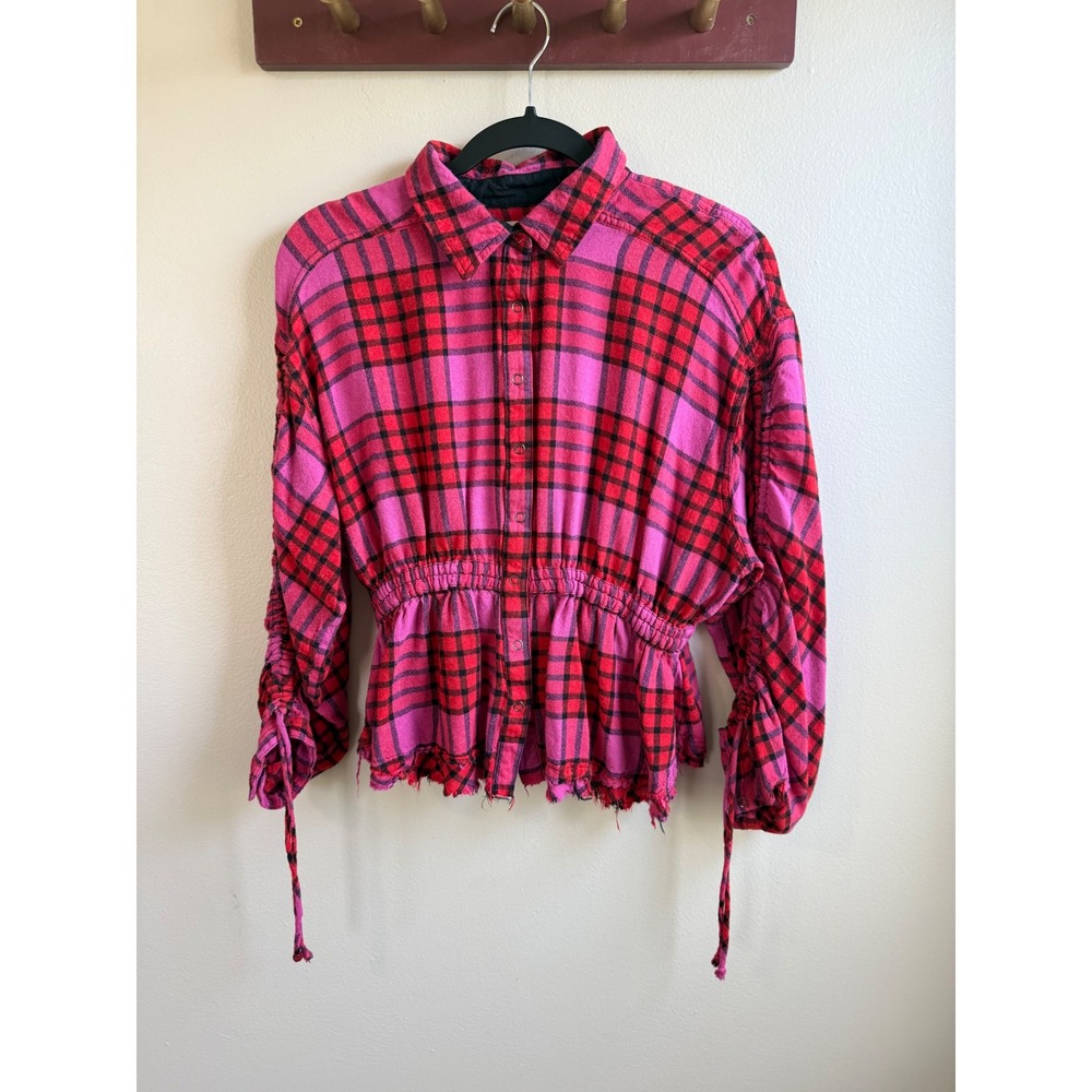 We The Free Free People Pink Red Plaid Ruched Sleeve Peplum Top Small